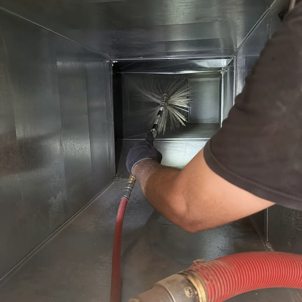 Technician using a rotating brush tool for professional air duct cleaning