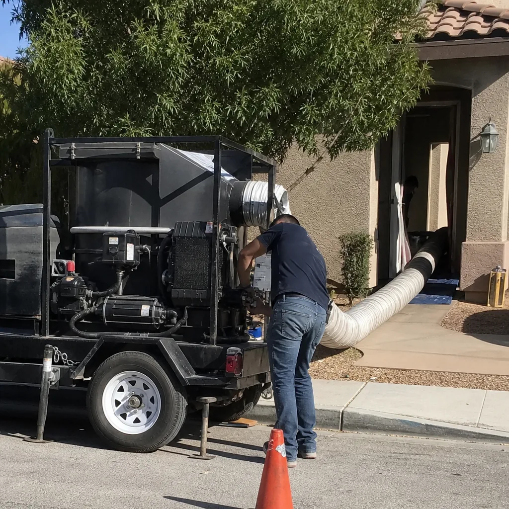 Technician using professional air duct cleaning equipment outside a home