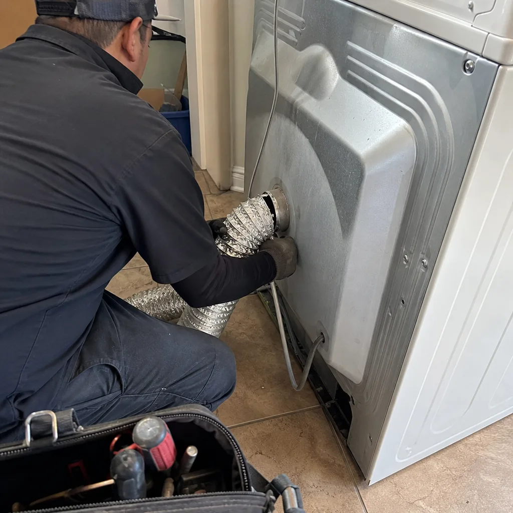 Technician attaching a silver flexible dryer vent hose to a dryer