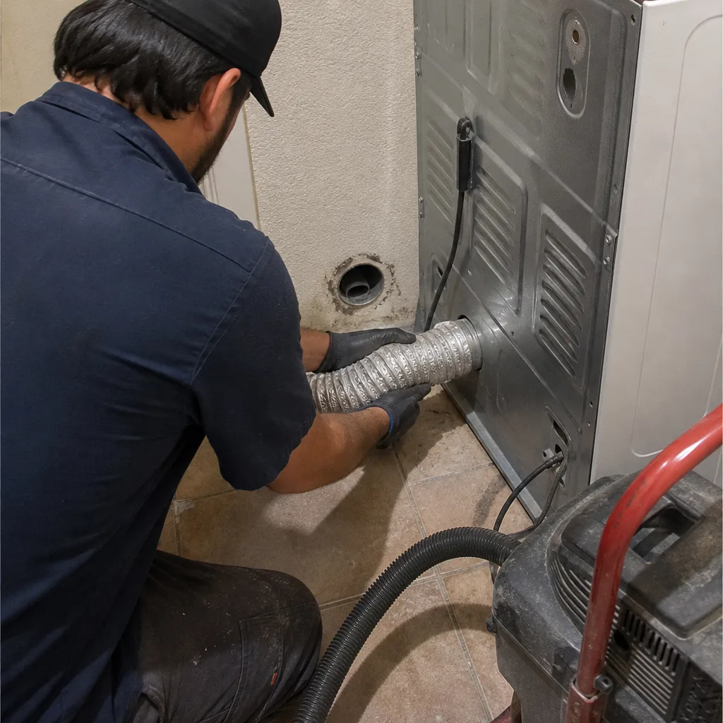 Technician performing professional dryer vent cleaning service
